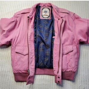 Paris Club Sport Vintage Pink 100% Leather Collared Lined Bomber Jacket 🏳️‍🌈